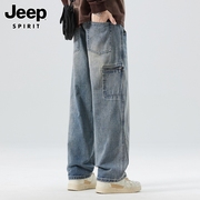 jeep吉普工装牛仔裤男士，夏季直筒美式高街复古阔腿长裤子男裤