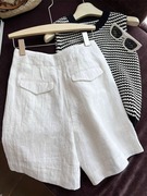 日系白色亚麻西装短裤，女夏高腰薄款小众，设计感阔腿棉麻休闲五分裤