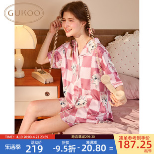 gukoo果壳睡衣女夏季玛丽猫衬衫领缎面，雪纺女士家居服套装b