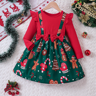 圣诞款外贸童装中小童女童双蝴蝶结，圣诞节假两件拼接连衣裙
