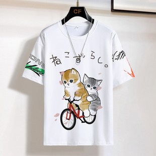 日系可爱卡通小猫咪短袖，t恤ins宽松大码百搭男女学生夏季t恤