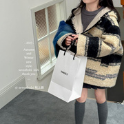 女童韩版时髦条纹毛，呢大衣冬装中大童连帽，保暖外套潮