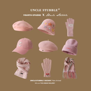 女生粉色帽子合集，秋冬保暖围巾手套，粉红色甜妹贝雷帽水桶帽针织帽