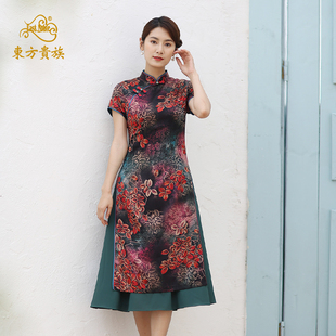 东方贵族(东方贵族)2020年夏季中国风修身真丝，印花奥黛旗袍改良版连衣裙