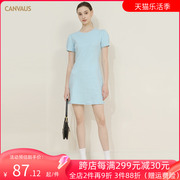 canvaus夏季短袖连衣裙，女宽松气质韩系小个子泡泡袖圆领中腰裙子