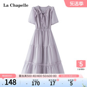 拉夏贝尔lachapelle夏季时尚方领泡泡，袖系带高腰连衣裙子女