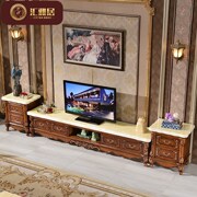 欧式天然大理石电视柜茶几组合 全实木雕花地柜仿古色客厅组合柜