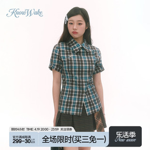 knowwake韩系学院风刺绣格纹短袖衬衫女夏季设计感显身材衬衣外套