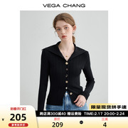 vegachang黑色针织衫女2024春秋设计感修身显瘦打底长袖上衣