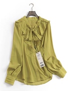 e324纯色荷叶边立领，蝴蝶结飘带秋季长袖女衬衫，衬衣有内衬