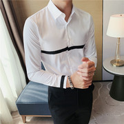 发型师衬衫男长袖韩版潮流修身帅气个性条纹织带，衬衣白色c666p60