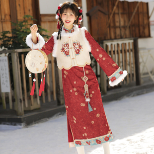 森女部落原创红色新年战袍氛围感改良新中式，旗袍长袖连衣裙闺蜜装