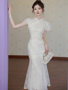 伴娘装新中式国风，改良刺绣旗袍鱼尾领证订婚白色连衣裙宴会礼服