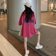 玫红色高级感t恤女夏2024年韩版短袖中长款宽松大版纯棉上衣
