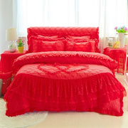 高档婚庆大红色公主风床单四件套，加厚夹棉床裙蕾丝花边床罩被套4