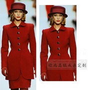 高端定制秀场欧美大牌红色，单排扣羊毛西装，外套长款半裙时尚套装冬