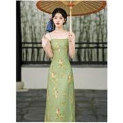 新中式国风复古绿色印花吊带裙，连衣裙开衫两件套套装未定动漫