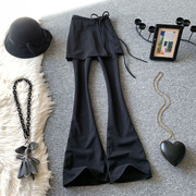 假两件黑色高腰休闲裤女春夏，瑜伽遮臀裙，弹力显瘦垂感西装喇叭长裤
