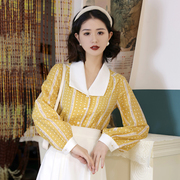 浅夏时光~2023春季款娃娃，领拼接复古花色长袖宽松长款女衬衫上衣