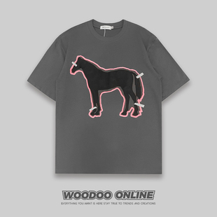 指鹿为马woodoo设计师品牌复古清新基本款欧美印花男女t恤