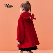 迪士尼女童羊毛呢子斗篷式大衣，米妮儿童大红中长外套宝宝新年服装