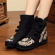 老北京布鞋女坡跟厚底民族风舞蹈春秋季黑增高靴子