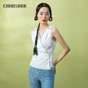 香莎chansarr复古优雅气质绣花边斜襟开衫，纯棉舒适系带修身上衣