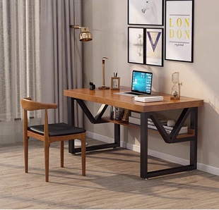 北欧实木办公桌铁艺电脑桌家用工作台，松木长条桌简约办公书桌书架