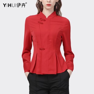 中国风衬衫女春秋装民国风唐装长袖盘扣旗袍衬衣中式红色加绒上衣