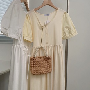 夏季薄款低圆领短袖广州十三行尾货连衣裙，高腰纯色休闲减龄长裙