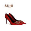 suni绸缎浅口红色高跟鞋，女rv水钻方扣婚鞋，尖头细跟婚纱秀禾单鞋