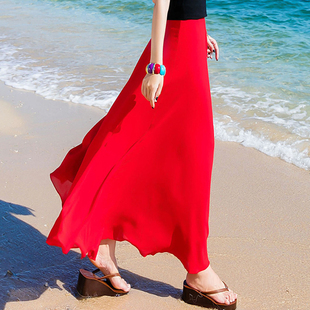 纱裙长裙夏红色(夏红色)雪纺，a字裙半身裙女中长款高腰，适合胯大腿粗的裙子