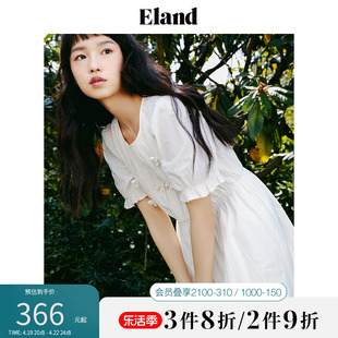 Eland衣恋短袖连衣裙女圆领松紧腰温柔风褶皱设计中长款初恋裙