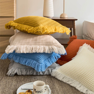 纯色流苏针织手工毛线靠垫套简约风格子抱枕沙发靠背垫套飘窗靠枕