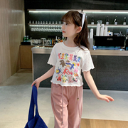 女童短袖2024夏装韩版儿童，卡通印花上衣宝宝纯棉，百搭时尚t恤