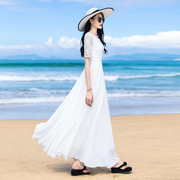 2023夏季白色雪纺蕾丝五分，袖大摆连衣裙波西米亚，沙滩长裙及踝