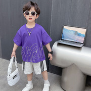 中男童短袖紫色t恤三四五七八九4岁男孩夏款短裤洋气宽松休闲套装