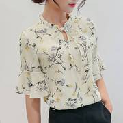 2023夏季韩版女装OL打底衫时尚修身短袖休闲雪纺衬衫