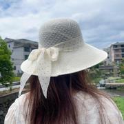夏天大沿帽沙滩帽飘带，针织夏季中老女士透气防晒遮阳帽子