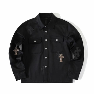 ch克罗豹纹925银扣workdog版型，十字架刺绣拼皮翻领工装衬衫夹克