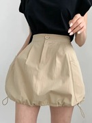 韩国chic夏季减龄小众设计感工装抽绳高腰短裙花苞裙A字半身裙