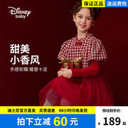 迪士尼童装女童国风红色长袖连衣裙2023冬装新年装拜年服裙子