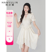 韩语琳白色v领连衣裙，女夏季高腰不规则，短裙2024雪纺蕾丝裙子