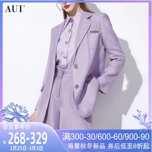 aui紫色气质职业西装，套装女2024春秋，长袖西服高腰短裤两件套