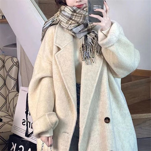 燕麦色双面羊绒大衣女2023年韩版中长款双排扣端羊毛呢大衣外套