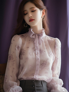 浅紫色蕾丝泡泡袖雪纺衬衫女法式漂亮独特别致小衫超仙2024早春装