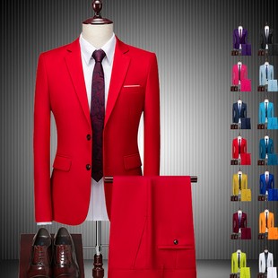 红色西服套装男士韩版修身外套，新郎结婚礼服商务职业正装小西装男