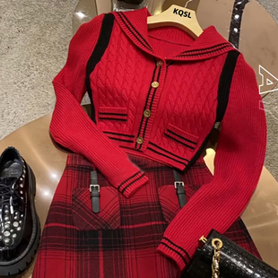 秋冬红色毛衣学院风海军领单排扣修身短款开衫女小个子针织衫