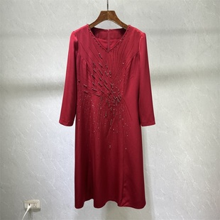 喜婆婆高端刺绣红色长袖连衣裙，女2023秋气质，收腰洋气婚宴礼服