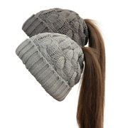 2023帽子女冬露头发针织毛线帽，空顶套头护耳女孩冬季扎马尾帽